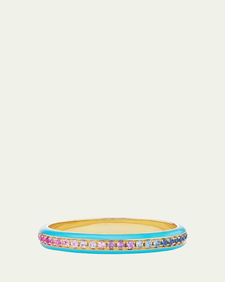 18K Yellow Gold Dash Ring with Ombré Gemstones and Enamel